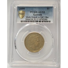 AUSTRALIA 2000 . ONE 1 DOLLAR COIN . ERROR . MULE . STRUCK ON TEN 10 CENTS